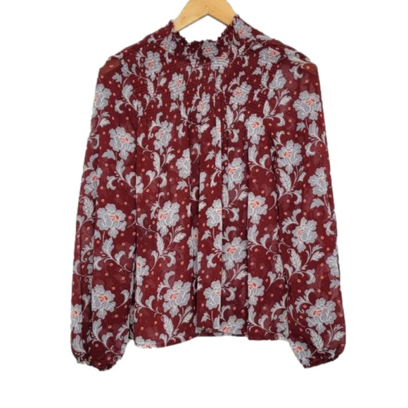 A.n.a Floral Long Sleeve Shear High Neck Blouse Ruby Floral - Picture 1 of 12